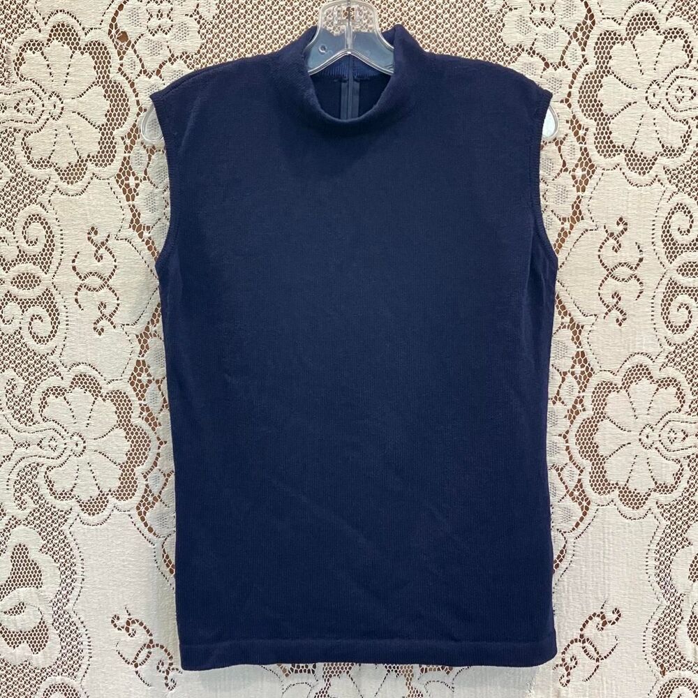 St. John Women's Navy and Blue Mock Neck Crepe Knit Back Zip Sweater Vest/Top